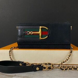 GUCCI Horsebit Canvas Leather Wallet to Shoulder Bag 💼 Black